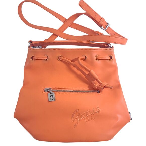 Guess Vintage Y2k Drawstring Closure Crossbady Bucket bag womans Orange Purse - Picture 11 of 15